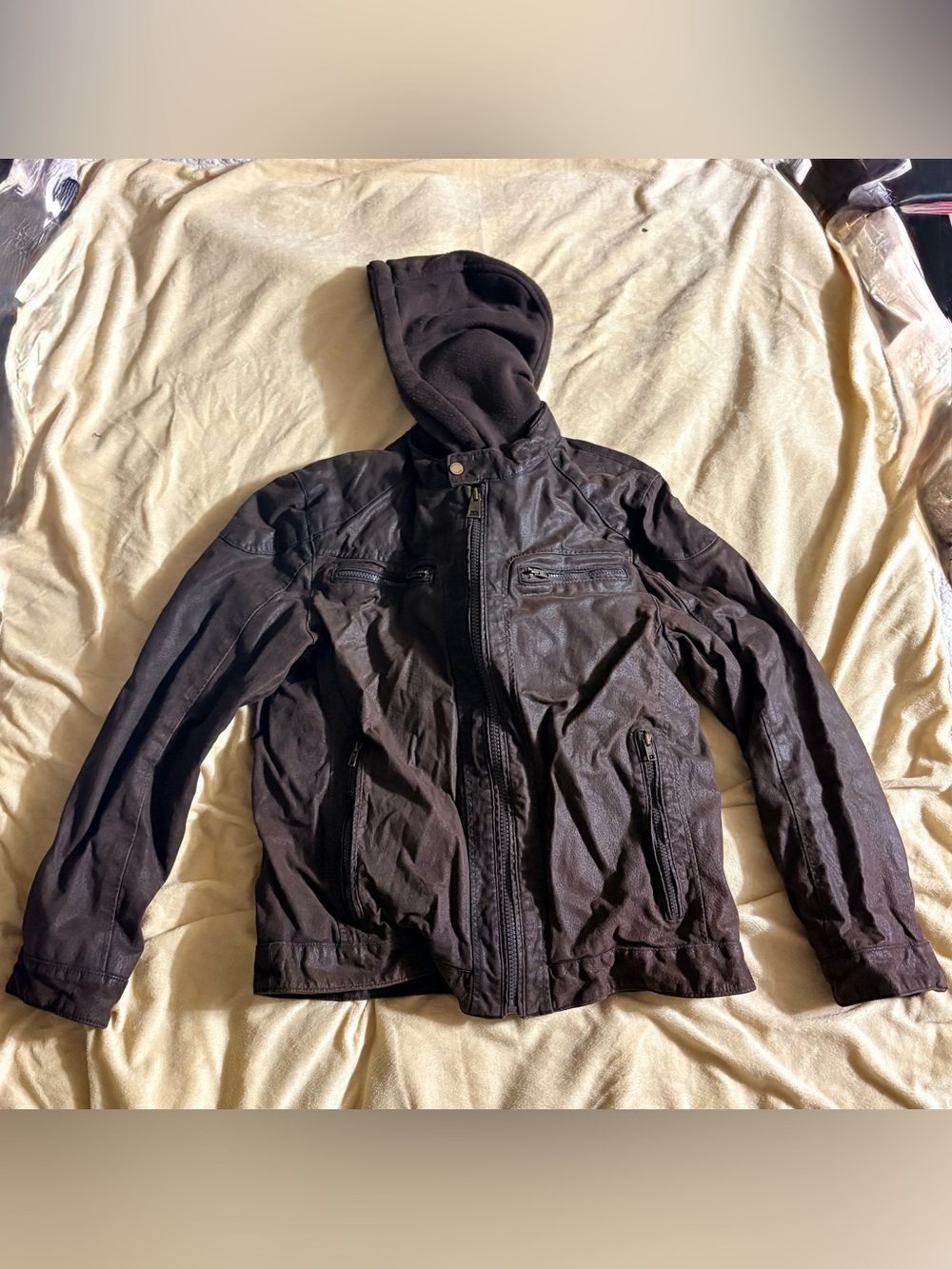 Black Rivet Large Genuine Leather Moto Jacket Detachable Hood Distressed Brown